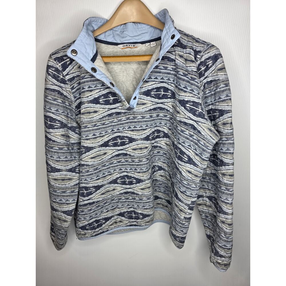 Orvis Quilted Pullover Shirt Size L Blue Gray Southwestern Pattern Snap Front